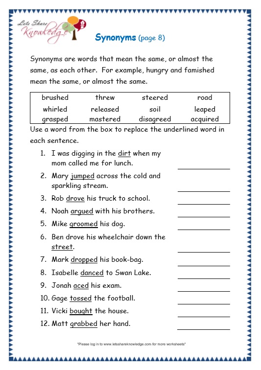 Grade 3 Grammar Topic 27  Synonyms Worksheets â Lets Share Knowledge